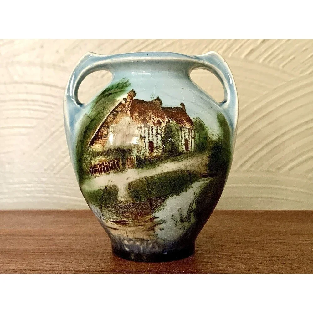Antique Hand Painted Twin Handled Urn Vase English Cottage Landscape Ceramic 4